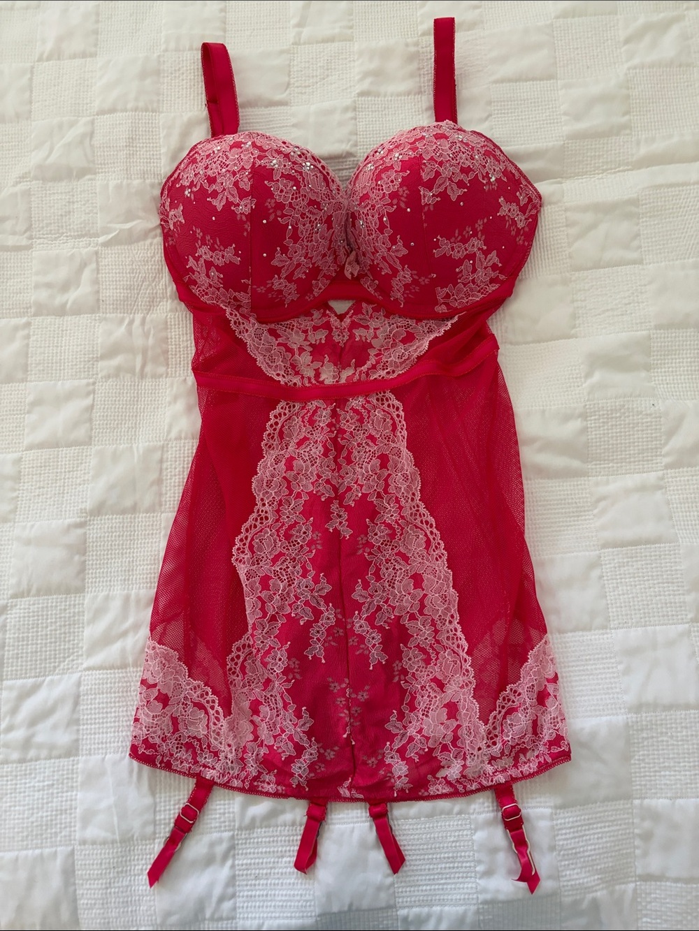 Victoria's Secret Red Lace Chemise with Ivory Embroidery